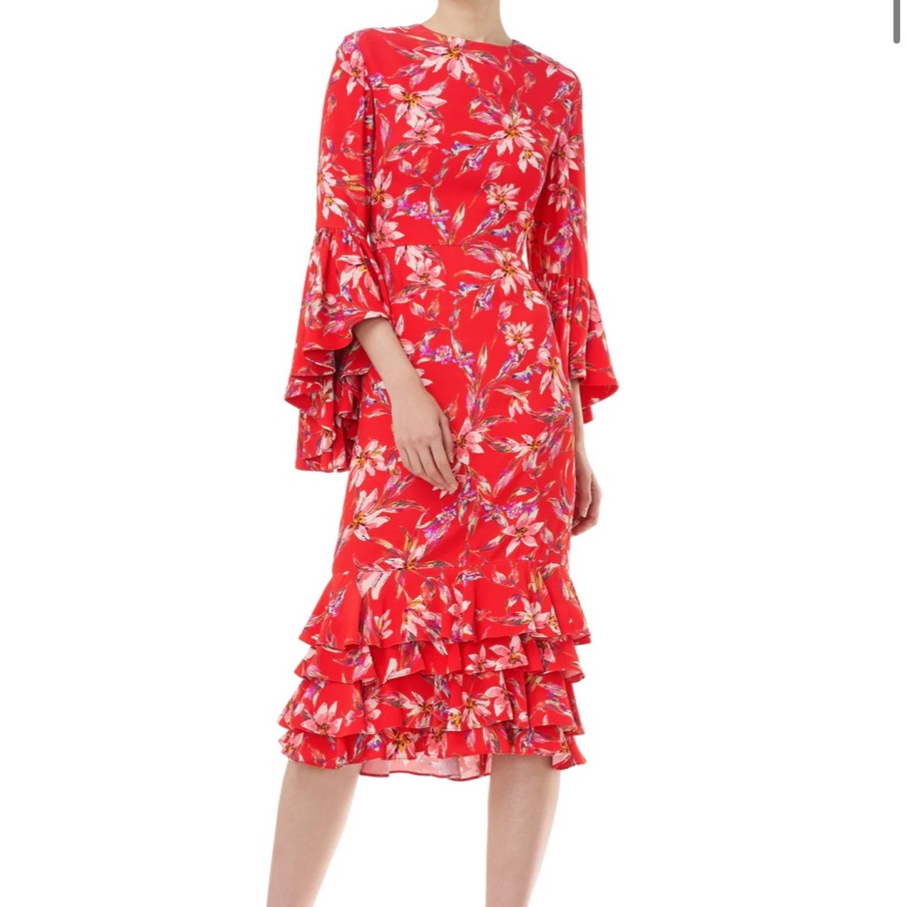 AMUR Alexia Red Ruffled Tiered Long Sleeve Dress